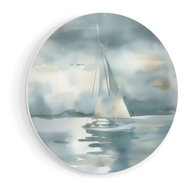 Wandcirkel vooraanzicht Aquarelkunstwerk van een Zeilboot in het Water