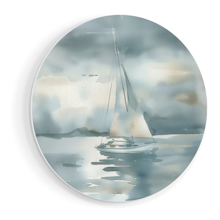 Wandcirkel vooraanzicht Aquarelkunstwerk van een Zeilboot in het Water