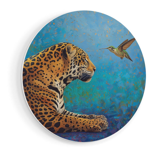 Wandcirkel vooraanzicht Kunstwerk van een Jaguar en een Kolibrie