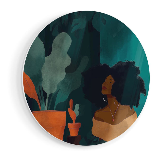 Wandcirkel vooraanzicht Illustratie van een Vrouw met Afrohaar en een Potplant