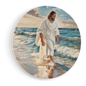 Wandcirkel vooraanzicht Jezus loopt op het Strand
