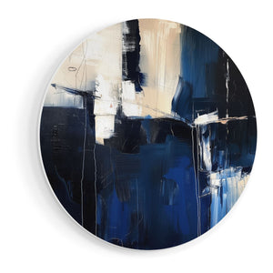 Wandcirkel vooraanzicht Abstract Kunstwerk in Blauw en Wit