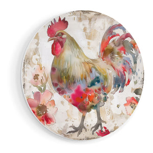 Wandcirkel vooraanzicht Aquarelkunstwerk van een Haan met Bloemen