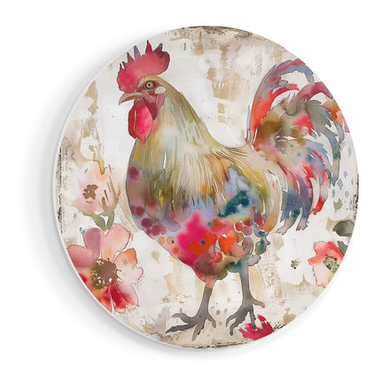 Wandcirkel vooraanzicht Aquarelkunstwerk van een Haan met Bloemen