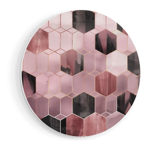 Wandcirkel vooraanzicht Roze en Zwart Geometrisch Patroon