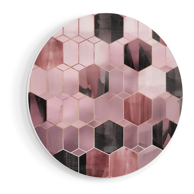 Wandcirkel vooraanzicht Roze en Zwart Geometrisch Patroon
