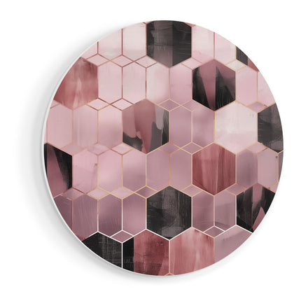 Wandcirkel vooraanzicht Roze en Zwart Geometrisch Patroon