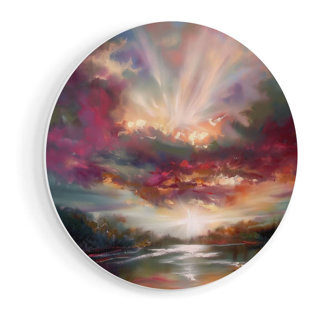 Wandcirkel vooraanzicht Kunstwerk van een Zonsondergang boven een Rivier