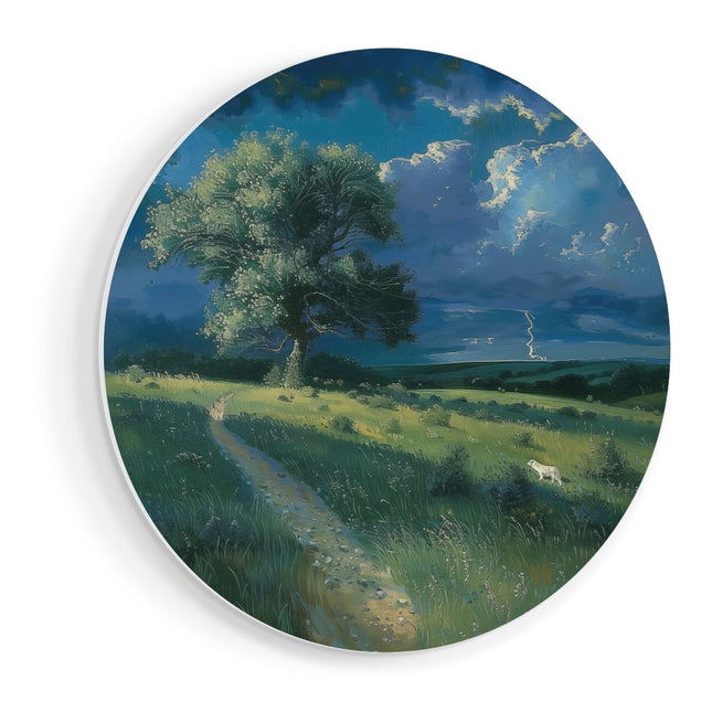 Wandcirkel vooraanzicht Kunstwerk van een Grasveld met een Boom