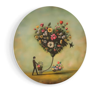Wandcirkel vooraanzicht Man die een Kar Voortduwt met een Hartvormig Boeket Bloemen
