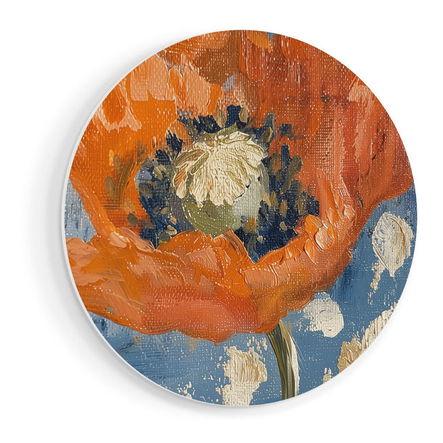Wandcirkel vooraanzicht Oranje Papaver op een Blauwe Achtergrond