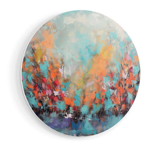 Wandcirkel vooraanzicht Abstract Kunstwerk van Bomen in Blauw en Oranje