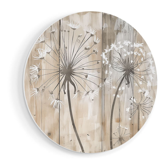 Wandcirkel vooraanzicht Paardebloemen op een Houten Plank