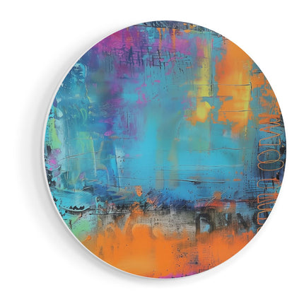 Wandcirkel vooraanzicht Abstract Kunstwerk met Blauwe, Oranje en Gele Kleuren