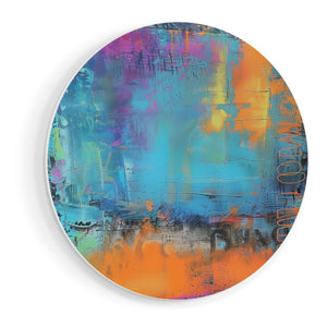 Wandcirkel vooraanzicht Abstract Kunstwerk met Blauwe, Oranje en Gele Kleuren