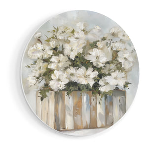 Wandcirkel vooraanzicht Witte Bloemen in een Houten Kist