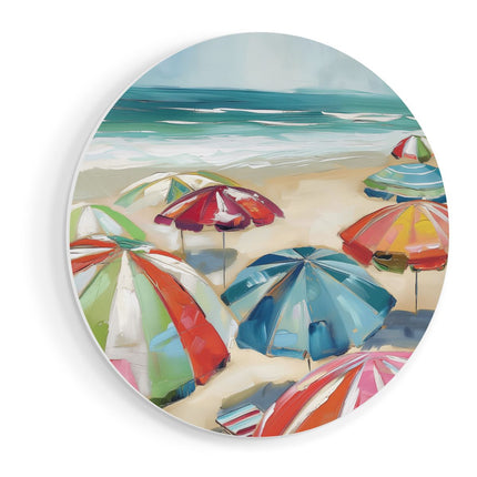 Wandcirkel vooraanzicht Kleurrijke Parasols op het Strand