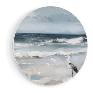 Wandcirkel vooraanzicht Kunstwerk van een Reiger op het Strand