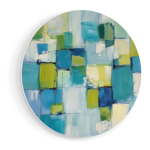 Wandcirkel vooraanzicht Abstract Kunstwerk met Blauwe, Groene en Gele Vierkanten