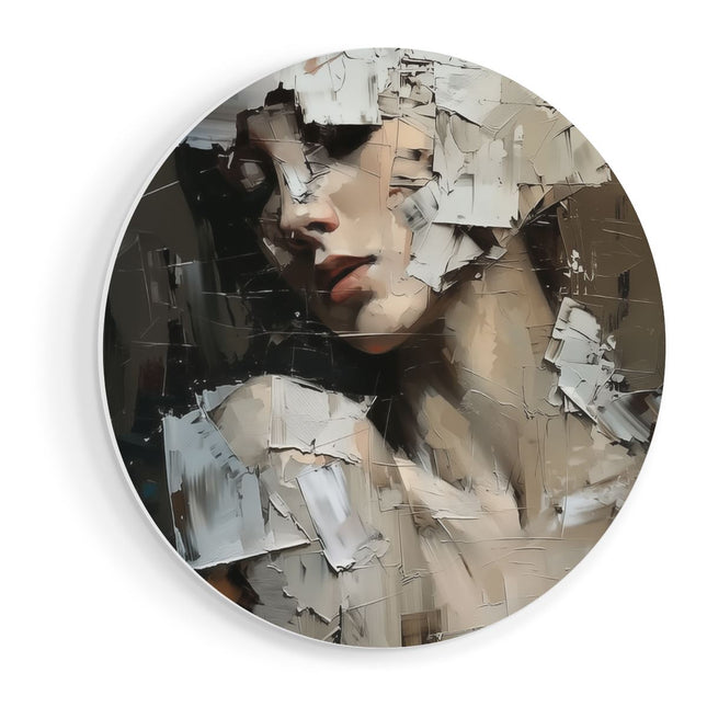Wandcirkel vooraanzicht Kunstwerk van een Vrouw met haar Gezicht Bedekt met Papier