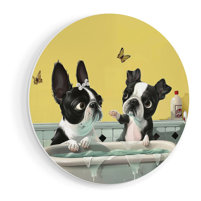 Wandcirkel vooraanzicht Twee Boston Terriers die een Bad Nemen