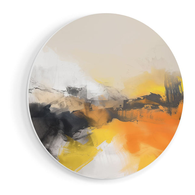 Wandcirkel vooraanzicht Abstract Kunstwerk van Geel, Zwart en Wit