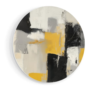 Wandcirkel vooraanzicht Abstract Kunstwerk met Gele, Zwarte en Witte Vierkanten
