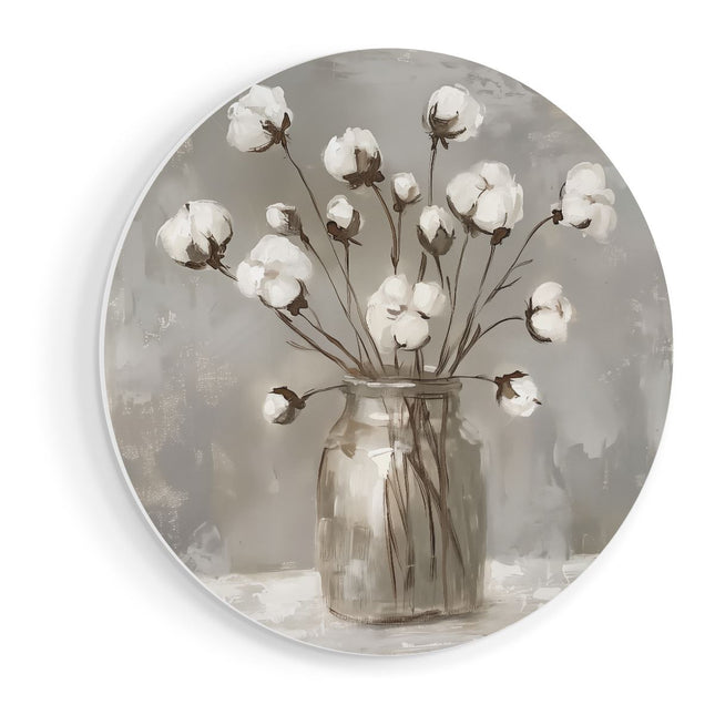 Wandcirkel vooraanzicht Witte Katoenen Bloemen in een Glazen Pot