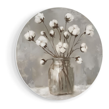 Wandcirkel vooraanzicht Witte Katoenen Bloemen in een Glazen Pot