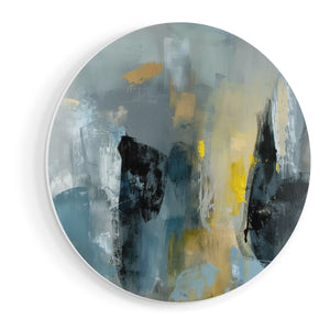 Wandcirkel vooraanzicht Abstract Kunstwerk met Gele, Blauwe en Grijze Kleuren