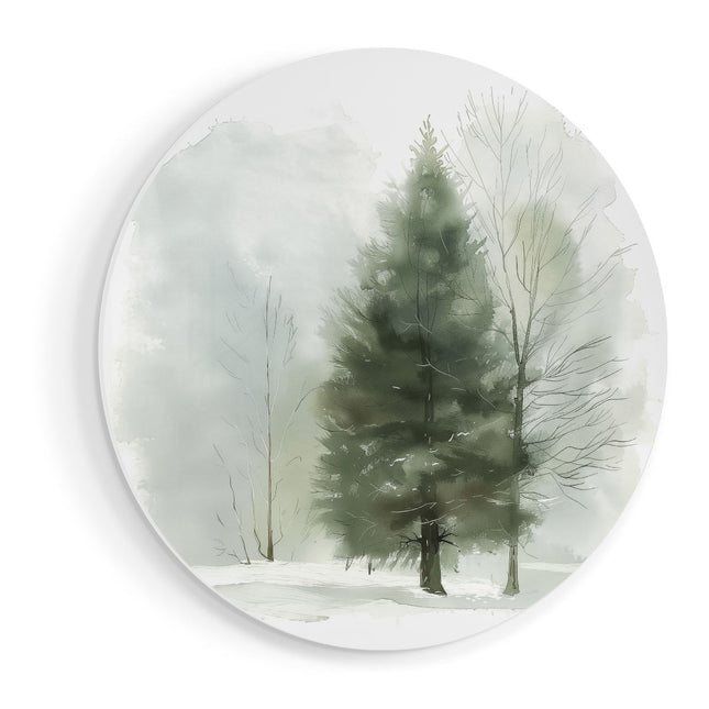 Wandcirkel vooraanzicht Aquarelkunstwerk van een Boom in de Sneeuw