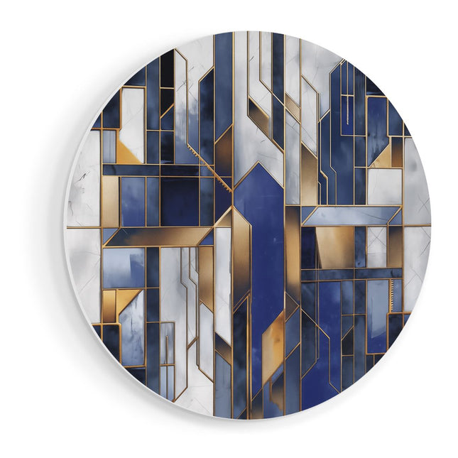 Wandcirkel vooraanzicht Blauw en Goud Geometrisch Patroon op een Witte Achtergrond