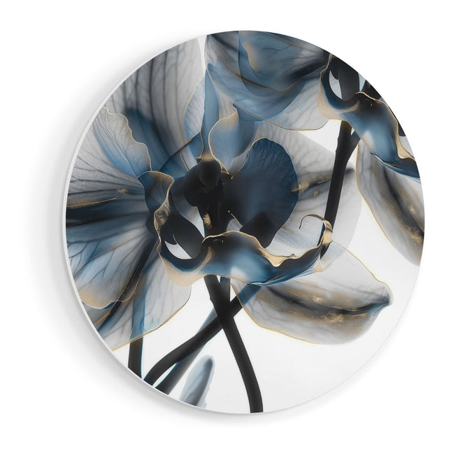 Wandcirkel vooraanzicht Twee Blauwe Orchideeën op een Witte Achtergrond