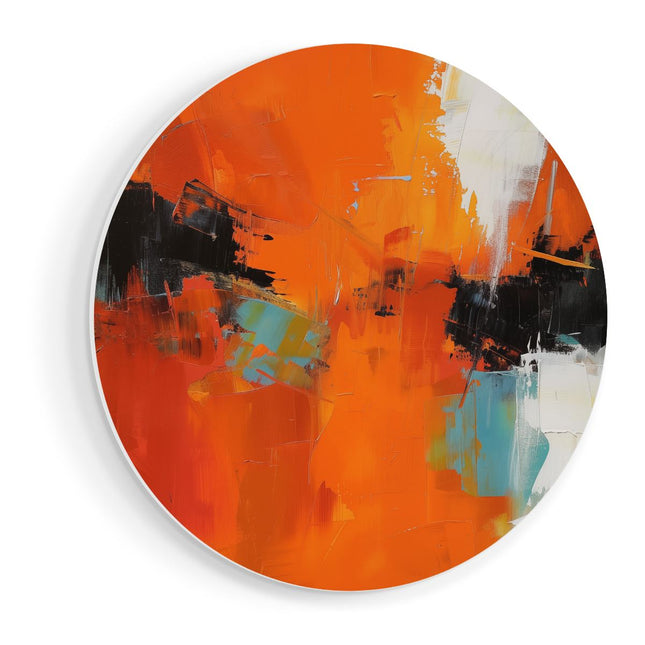 Wandcirkel vooraanzicht Abstract Kunstwerk met Oranje, Blauwe en Zwarte Kleuren
