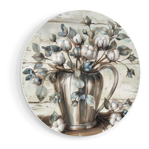 Wandcirkel vooraanzicht Kunstwerk van Bloemen in een Zilveren Kan op een Houten Tafel