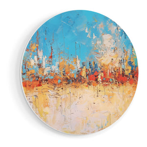 Wandcirkel vooraanzicht Abstract Kunstwerk in Blauw, Oranje en Geel