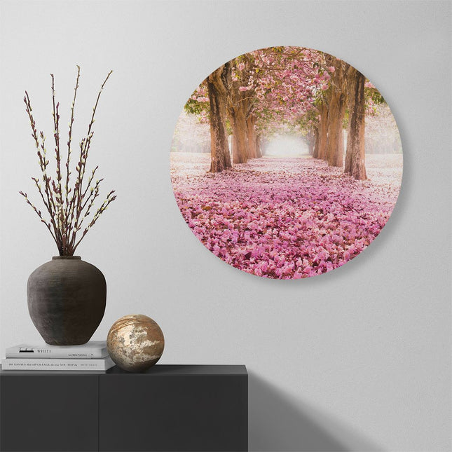 Wandcirkel muur Romantische Bomen Tunnel Met Roze Anjers