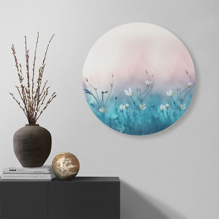 Wandcirkel muur Witte Bloemen Op Een Blauw Achtergrond