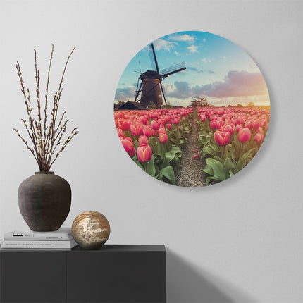 Wandcirkel muur Roze Tulpen Bloemenveld - Met Windmolen