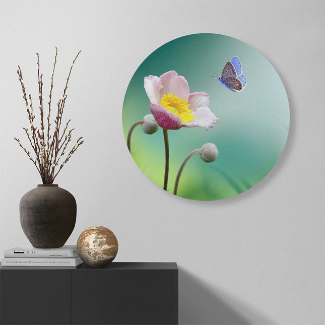 Wandcirkel muur Roze Anemoon Bloem Met Een Blauwe Vlinder