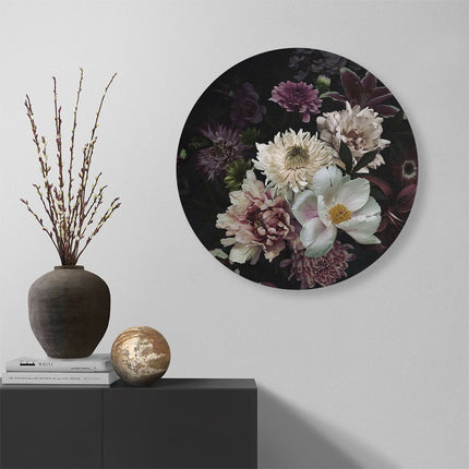 Wandcirkel muur Diverse Bloemen Op Zwart Achtergrond