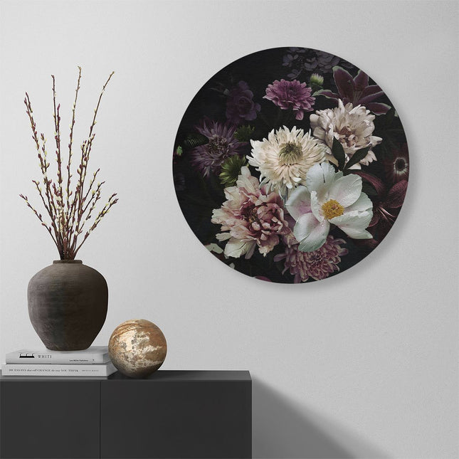 Wandcirkel muur Diverse Bloemen Op Zwart Achtergrond