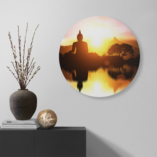 Wandcirkel muur Silhouet Van Boeddha Beeld Met Zonsondergang