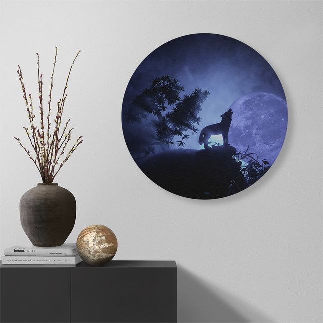 Wandcirkel muur Huilende Wolf In Silhouet Bij Volle Maan