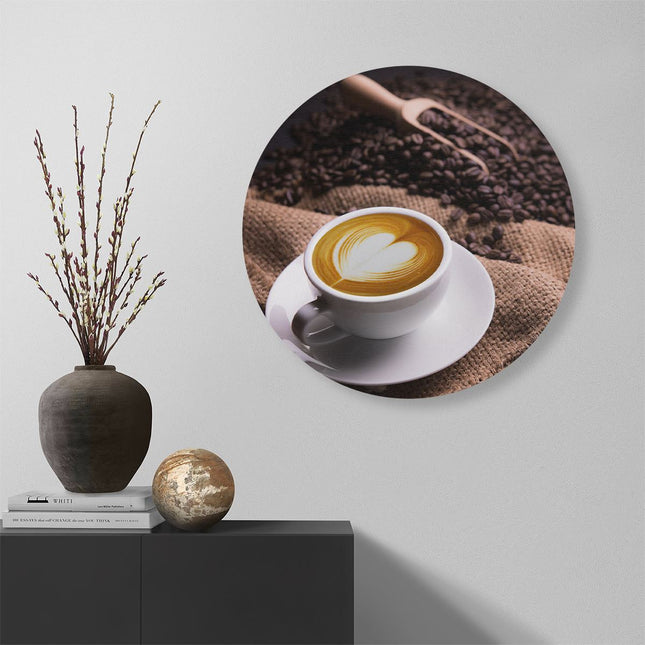 Wandcirkel muur Kopje Koffie In Een Hartje Met Koffiebonen
