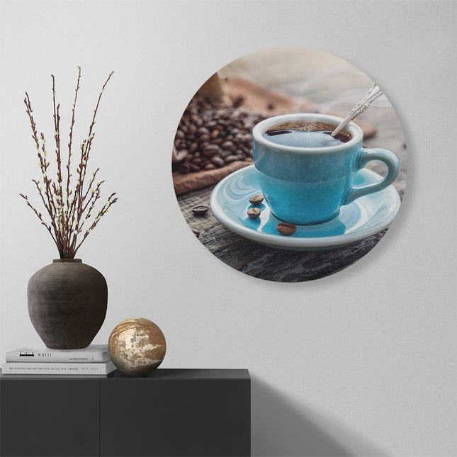 Wandcirkel muur Blauw Kopje Koffie Met Koffiebonen
