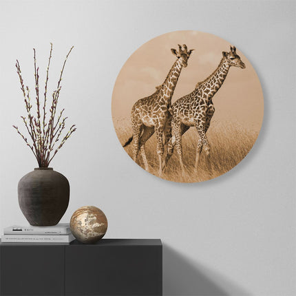 Wandcirkel muur Twee Giraffes In Het Veld