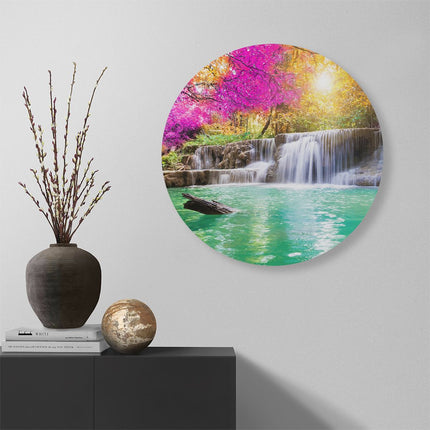 Wandcirkel muur Waterval Met Groen Water En Roze Bladeren