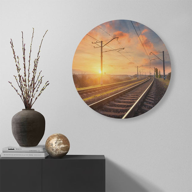 Wandcirkel muur Rails Spoorweg Bij Zonsondergang