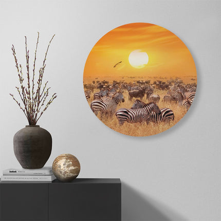 Wandcirkel muur Kudde Zebra's Bij Een Oranje Zonsondergang